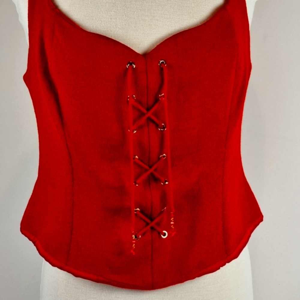 St. John Red Knit Sweatheart Neck Corset Style Tank w/Gold Tone Accents & Beads